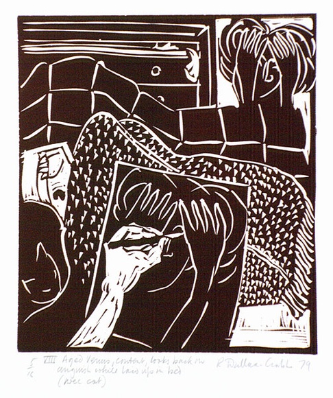 Artist: b'Wallace-Crabbe, Robin.' | Title: b'not titled [VIII aged Venus ... with cat].' | Date: 1979 | Technique: b'linocut, printed in brown ink, from one block' | Copyright: b'\xc2\xa9 Robin Wallace-Crabbe, Licensed by VISCOPY, Australia'