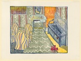 Artist: Eager, Helen. | Title: (Lounge room with three easy chairs). | Date: 1976 | Technique: lithograph, printed in colour, from multiple plates; with cut section folded to reveal second lithograph also printed in colour