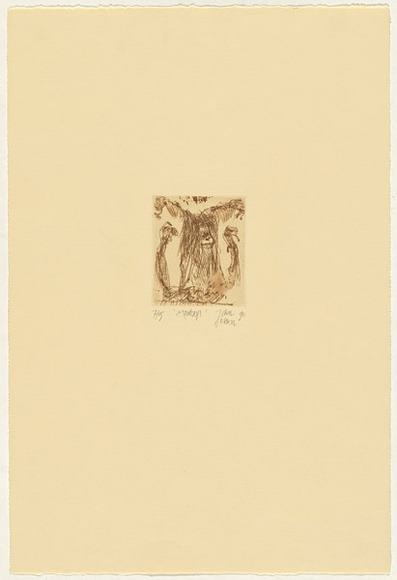 Artist: b'Olsen, John.' | Title: b'Monkeys' | Date: 1990 | Technique: b'etching and aquatint, printed in brown ink with plate-tone, from one plate' | Copyright: b'\xc2\xa9 John Olsen. Licensed by VISCOPY, Australia'