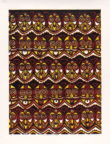 Artist: b'Waswas, Daniel.' | Title: b'Haus tambaran (spirit house)' | Date: 2000 | Technique: b'linocut, printed in colour, from four blocks'