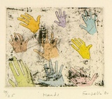Artist: b'Fransella, Graham.' | Title: b'Hands.' | Date: 1980 | Technique: b'etching, printed in black ink, from one plate; hand-coloured' | Copyright: b'Courtesy of the artist'