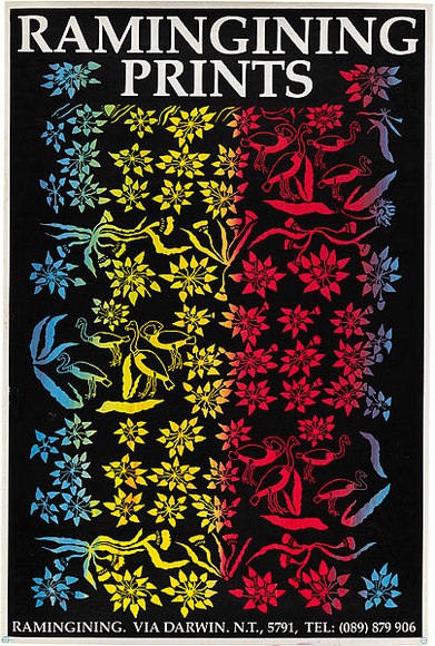 Artist: b'Leslie, Lawrence.' | Title: b'Ramingining prints' | Date: 1987 | Technique: b'screenprint, printed in colour, from two stencils' | Copyright: b'\xc2\xa9 Johnny Bulunbulun. Licensed by VISCOPY, Australia'