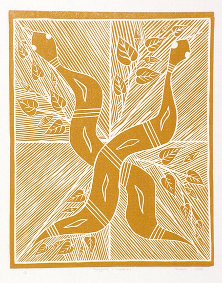 Artist: b'Marika, Banduk.' | Title: b'Djaygung and waterlily' | Date: 1985 | Technique: b'linocut, printed in yellow ink, from one block'