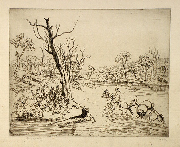 Artist: b'LINDSAY, Lionel' | Title: b'Fording the Snowy' | Date: 1940s | Technique: b'etching, printed in black ink with plate, from one plate' | Copyright: b'Courtesy of the National Library of Australia'