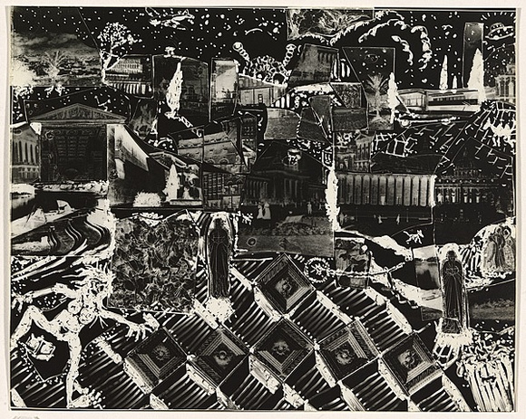 Title: b'not titled [collage composition, religious motifs at centre and lower right]' | Date: c.1993 | Technique: b'clich\xc3\xa9-verre, printed in black, from hand-drawn negative'