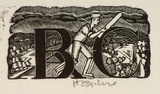 Artist: b'OGILVIE, Helen' | Title: b'(A, B, C letters, cricketer and landscape)' | Date: (1953) | Technique: b'wood-engraving, printed in black ink, from one block'