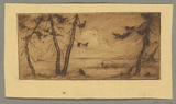 Artist: Coleman, Constance. | Title: (Tree with distant ship on the bay). | Date: c.1944 | Technique: etching, printed in brown ink with plate-tone, from one plate