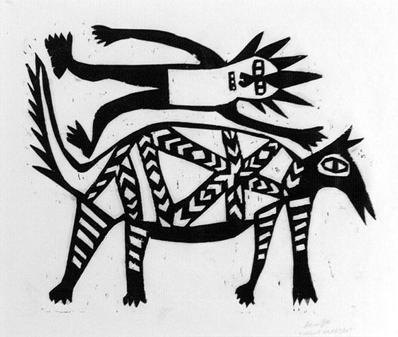 Artist: b'Kauage, Mathias.' | Title: b'Tupela wokabaut  [Two go for a walk]' | Date: 1969 | Technique: b'woodcut, printed in black ink, from one block'