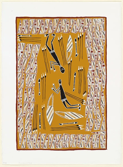 Artist: b'Ashley, Djardie.' | Title: b'Stone spear heads' | Date: 1998, 9 November | Technique: b'screenprint, printed in colour, from multiple stencils' | Copyright: b'\xc2\xa9 Djardie Ashley. Licensed by VISCOPY, Australia'