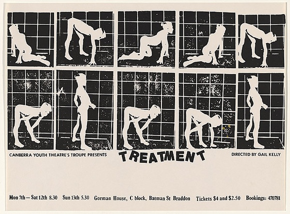 Artist: b'Church, Julia.' | Title: bCanberra Youth Theatre's Troupe presents Treatment. Directed by Gail Kelly. | Date: 1980 | Technique: b'screenprint, printed in colour, from multiple stencils'