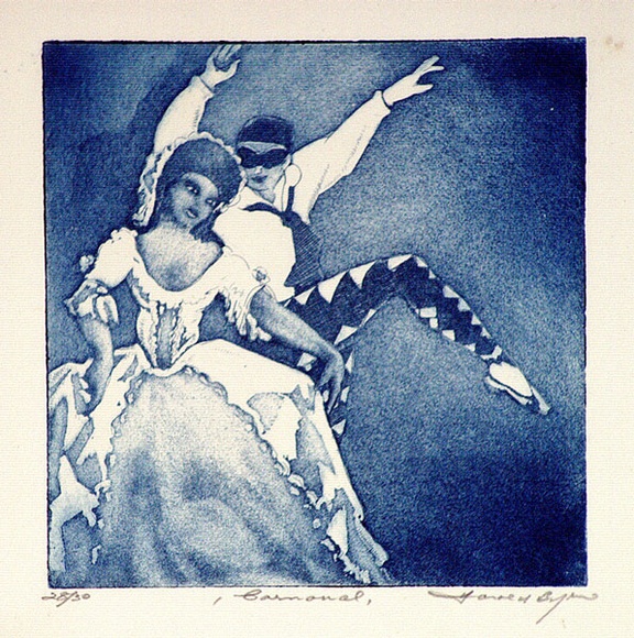 Artist: b'Byrne, Harold.' | Title: b'Carnival.' | Date: 1937 | Technique: b'etching and aquatint, printed in blue ink, from one copper plate'