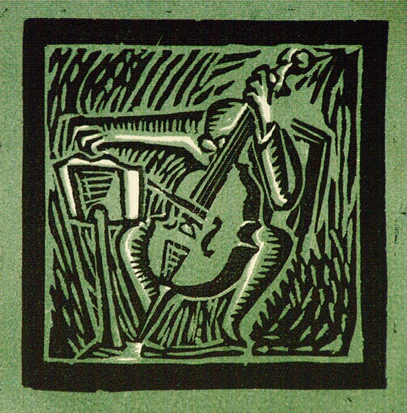 Artist: b'Barwell, Geoff.' | Title: b'(The bass player).' | Date: (1955) | Technique: b'linocut, printed in colour, from two blocks'