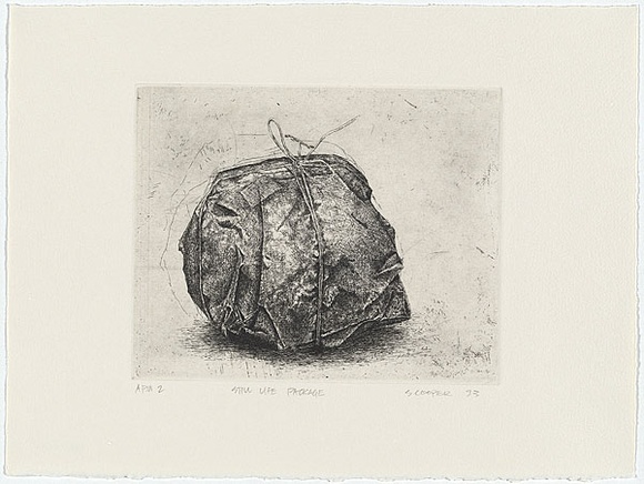 Artist: b'Cooper, Simon.' | Title: b'Still life - (package)' | Date: 1993 | Technique: b'etching, printed in black ink, from one plate'