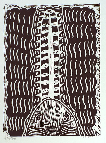 Artist: b'Bell, Lucy.' | Title: b'not titled [fish head]' | Date: 2000, March | Technique: b'linocut, printed in black ink, from one block'