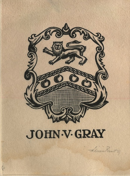 Artist: b'FEINT, Adrian' | Title: b'Bookplate: John V Gray.' | Date: 1929 | Technique: b'wood-engraving, printed in black ink, from one block' | Copyright: b'Courtesy the Estate of Adrian Feint'