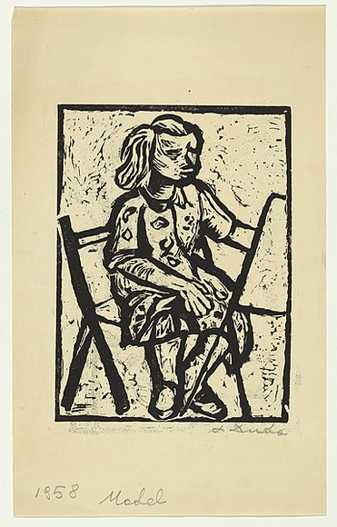 Artist: b'Groblicka, Lidia.' | Title: b'Model [young girl drawing].' | Date: 1958 | Technique: b'linocut, printed in black ink, from one block'