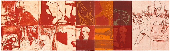 Title: b'Shallow grave 1' | Date: 2000 | Technique: b'liftground aquatint and drypoint, printed in colour, from multiple copper plates; woodcut, printed in colour, from multiple blocks'