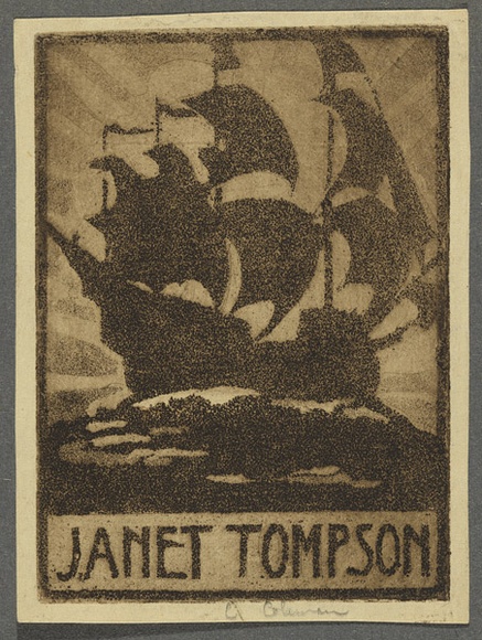 Artist: b'Coleman, Constance.' | Title: b'Bookplate: Janet Tompson.' | Date: 1940s | Technique: b'aquatint, printed in brown ink with plate-tone, from one plate'