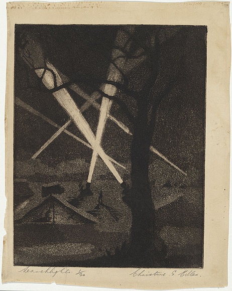 Artist: b'Aldor, Christine.' | Title: b'Searchlights.' | Date: 1940s | Technique: b'aquatint, printed in brown ink, from one plate'