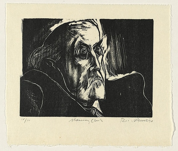 Artist: b'AMOR, Rick' | Title: b'Manning Clark.' | Date: 1990 | Technique: b'woodcut, printed in black ink, from one block'