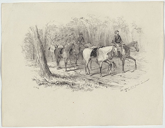 Artist: b'GILL, S.T.' | Title: b'Mt Alexander gold escort en-route to Melbourne.' | Date: 1852 | Technique: b'lithograph, printed in black ink, from one stone'