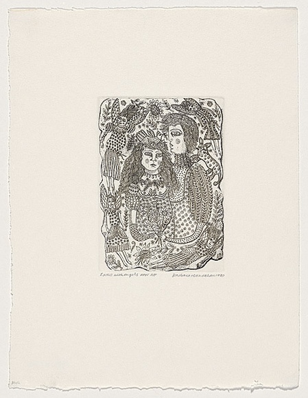 Artist: b'HANRAHAN, Barbara' | Title: b'Lovers with angels' | Date: 1990 | Technique: b'etching, printed in black ink from one plate'