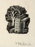 Artist: OGILVIE, Helen | Title: not titled [Tall modern buildings, terrace houses, trees - a design used for catalogue covers/ invitations for the artist's exhibition] | Date: c.1944 | Technique: wood-engraving, printed in black ink, from one block