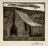 Artist: OGILVIE, Helen | Title: not titled [Small wooden country house with chimney and verandah - a design for catalogue covers/invitations for the | Date: c.1944 | Technique: wood-engraving, printed in black ink, from one block