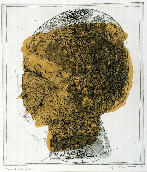 Artist: b'Clutterbuck, Jock.' | Title: b'Capriconical head.' | Date: 1966 | Technique: b'etching and aquatint, printed in colour'