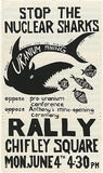 Artist: b'Lane, Leonie.' | Title: b'Stop the nuclear sharks ... rally' | Date: 1978 | Technique: b'screenprint, printed in black ink, from one stencil' | Copyright: b'Courtesy Graham Lightbody'