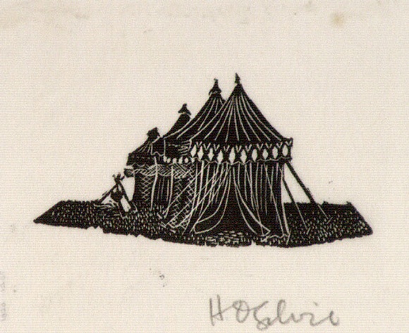 Artist: b'OGILVIE, Helen' | Title: b'not titled [Four circular tents]' | Date: 1949 | Technique: b'wood-engraving, printed in black ink, from one block'