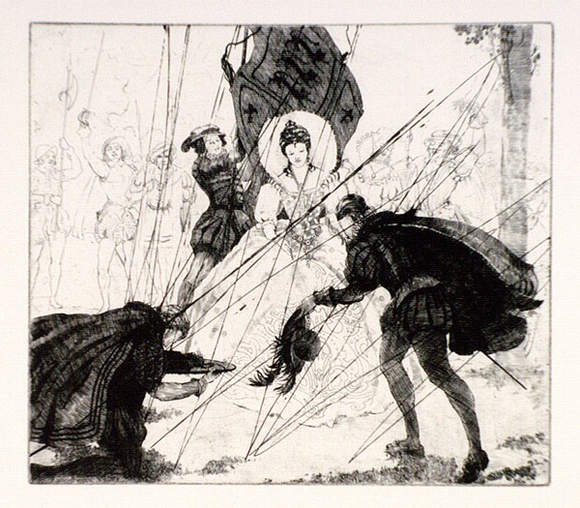 Artist: b'FEINT, Adrian' | Title: b'(Sir Walter Raleigh throwing down his cloak for Elizabeth I).' | Technique: b'etching, printed in black ink, from one plate' | Copyright: b'Courtesy the Estate of Adrian Feint'