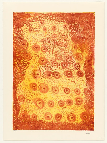 Artist: b'Nampitjin, Eubena.' | Title: b'Kinuu' | Date: 2001, September - October | Technique: b'lithograph, printed in orange and yellow ink, from two stones' | Copyright: b'\xc2\xa9 Eubena Nampitjin. Licensed by VISCOPY, Australia'