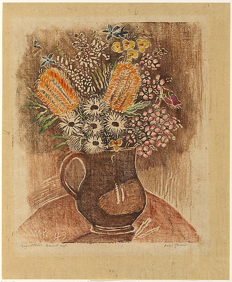 Artist: b'PRESTON, Margaret' | Title: b'Native flowers' | Date: 1943 | Technique: b'woodcut, printed in colour, from one masonite block' | Copyright: b'\xc2\xa9 Margaret Preston. Licensed by VISCOPY, Australia'