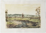 Artist: Calvert, Samuel. | Title: City of Adelaide S.A. looking south-east. | Date: 1850 | Technique: chalk lithograph, printed in colour inks, from two stones (image in black ink, tint-stone in tan ink); hand-coloured at a later date.