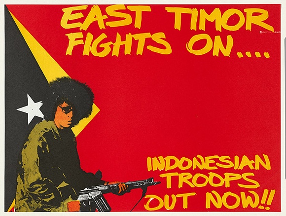 Artist: b'MACKINOLTY, Chips' | Title: b'East Timor fights on' | Date: 1978 | Technique: b'offset-lithograph, printed in colour, printed from multiple stones [or plates],'