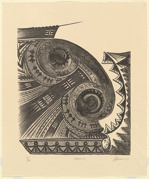 Artist: bFeu'u, Fatu | Title: b'Manaia.' | Date: 1989 | Technique: b'lithograph, printed in black ink, from one stone' | Copyright: b\xc2\xa9 Fatu Feu'u