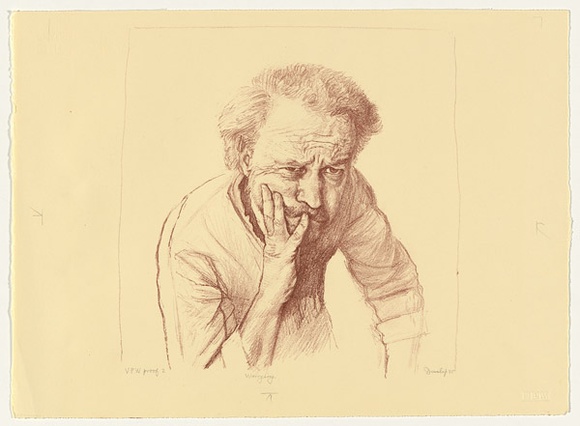 Artist: b'Dunlop, Brian.' | Title: b'Worrying' | Date: 1985 | Technique: b'lithograph, printed in red oxide ink, from one stone'